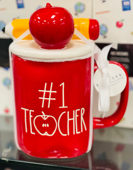 New Rae Dunn red ceramic #1 TEACHER topper coffee mug