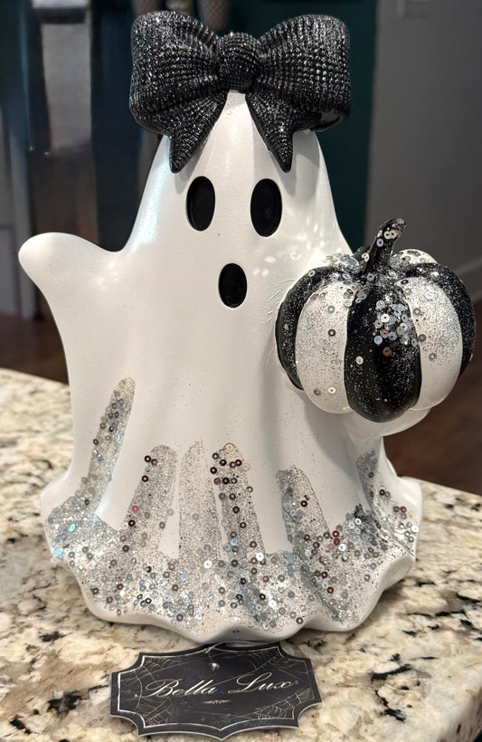 New Bella Lux resin 10” fancy party ghost decor-black bow