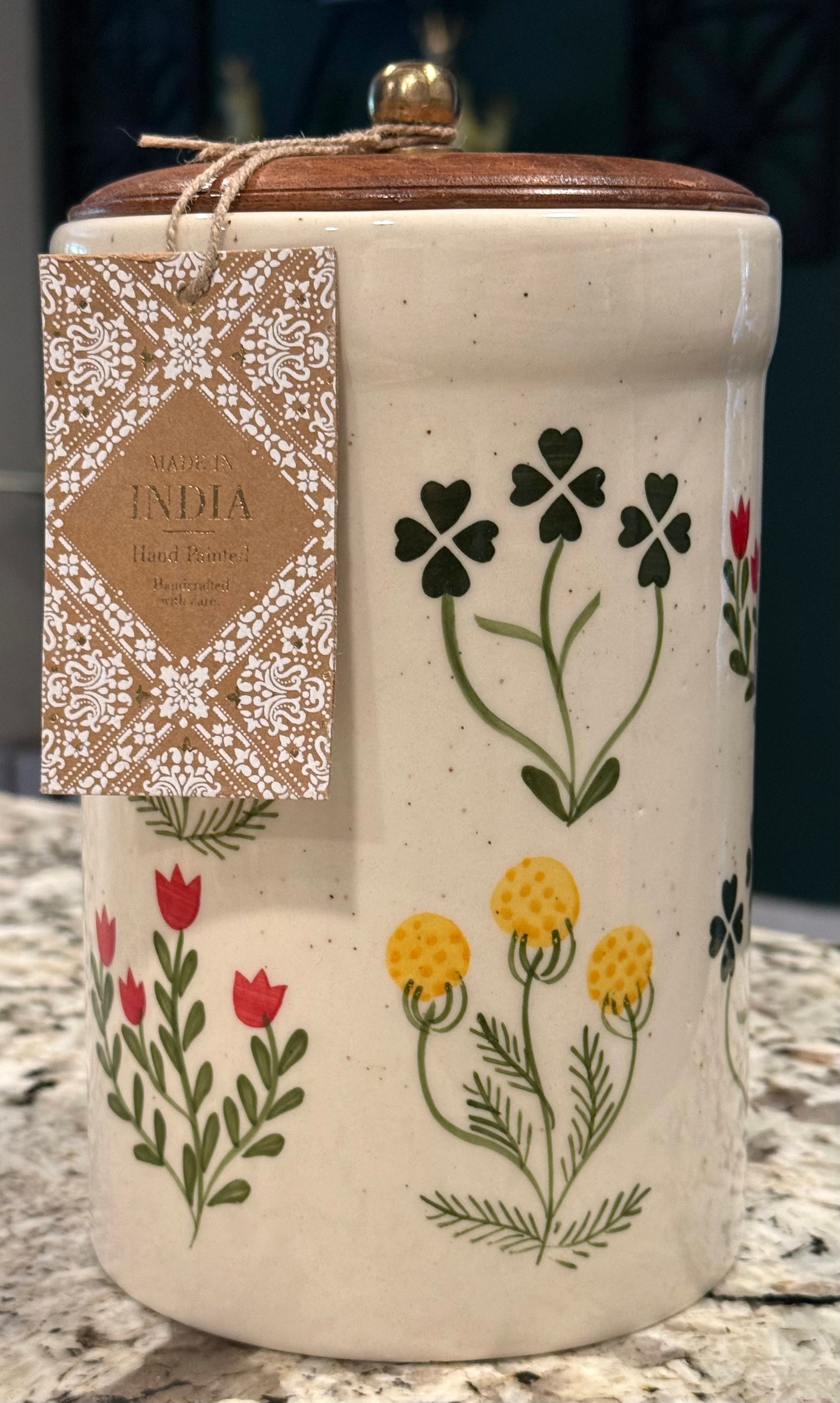 New ceramic Made in India 3-piece floral storage canister set, hand painted, wood lid. 9” 8” 5”