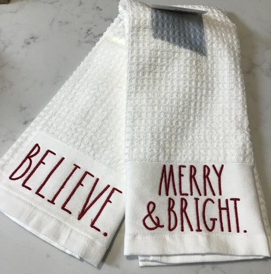 New Rae Dunn white 2-piece  kitchen dish towel set BELIEVE & MERRY & BRIGHT