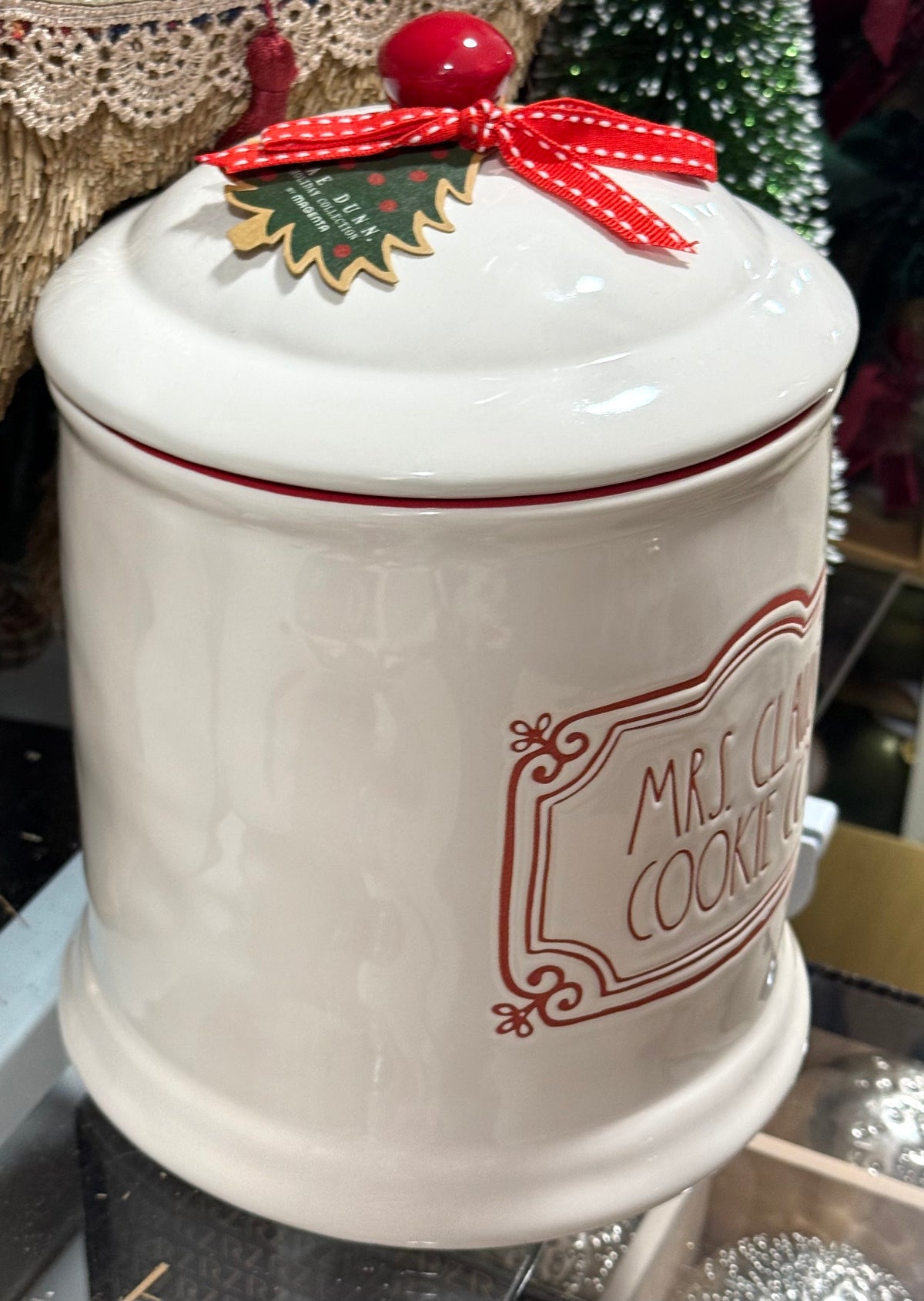 New 8.5x6” Rae Dunn white ceramic Christmas cookie jar canister MRS CLAUS’ COOKIE CO.