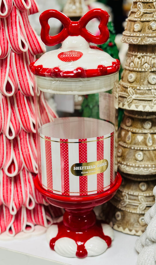 New Glass & ceramic red bow Striped Christmas candy jar