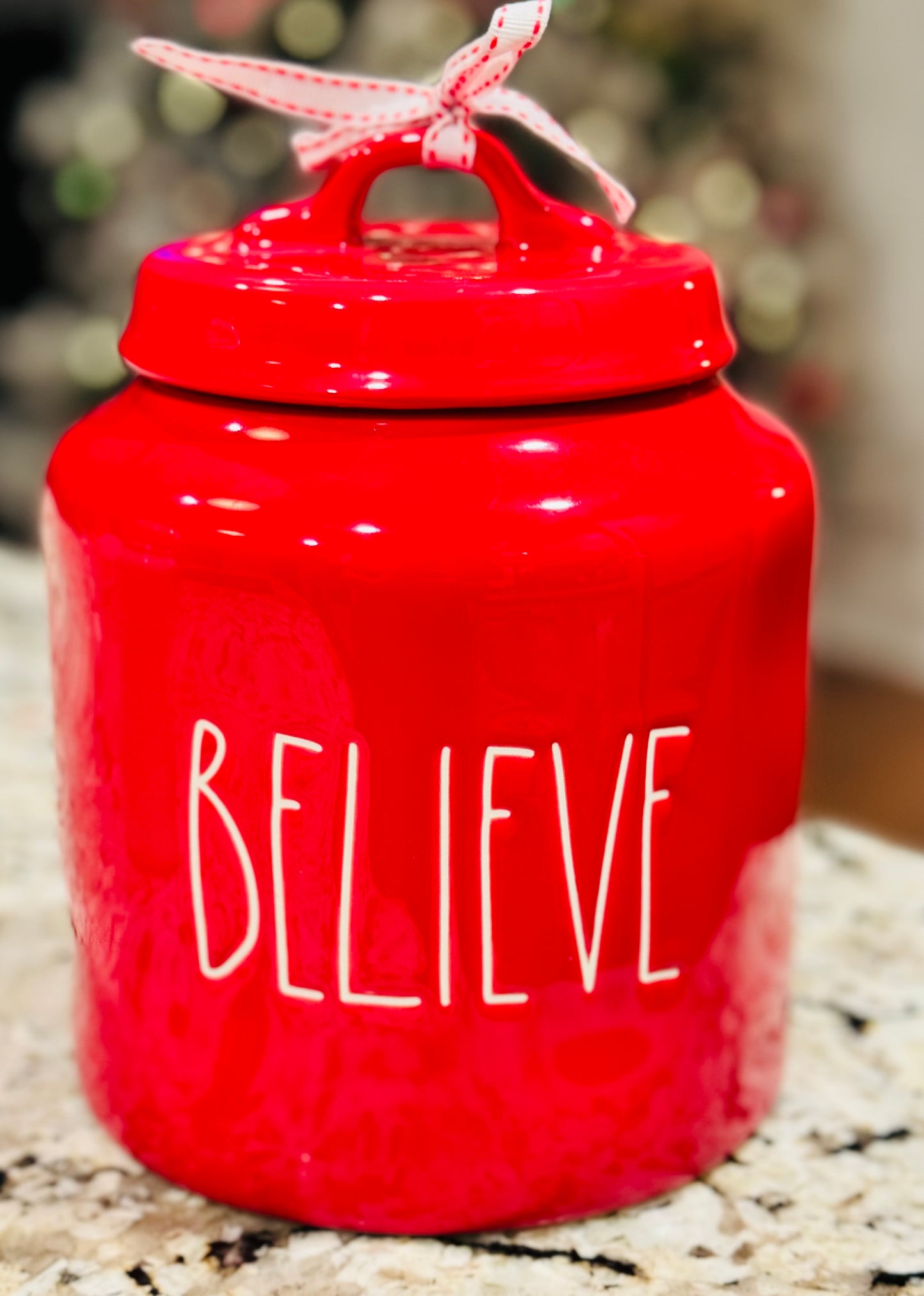 New Rae Dunn red ceramic cookie jar Christmas canister BELIEVE