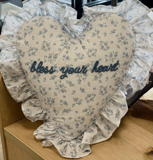 New blue and white floral heart throw pillow BLESS YOUR HEART