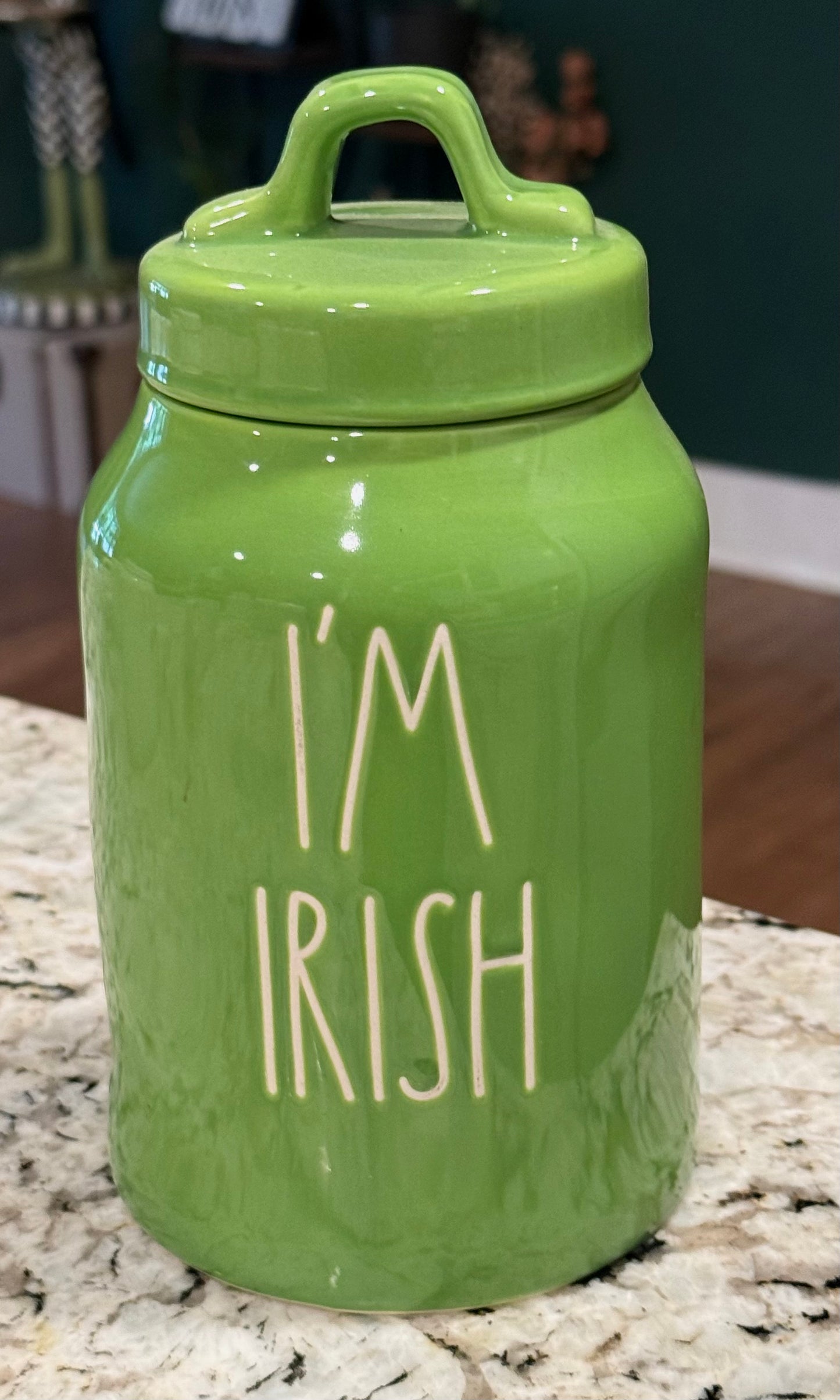 New Rae Dunn green 8” ceramic St. Patrick’s Day canister I’M IRISH ☘️