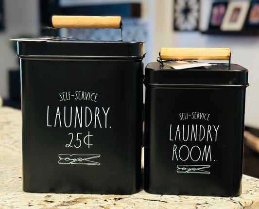 New Rae Dunn black metal 2-piece Laundry 🧺 storage container set, wood handled lids LAUNDRY ROOM