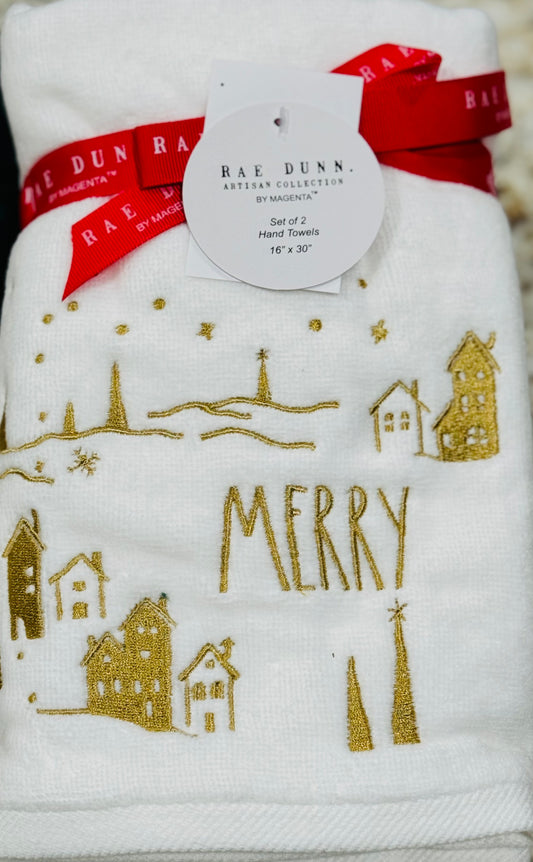 New Rae Dunn 2-piece gold and white Christmas bathroom hand towel set MERRY