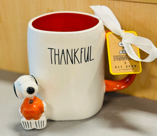 New Rae Dunn x Peanuts Snoopy ceramic coffee mug THANKFUL