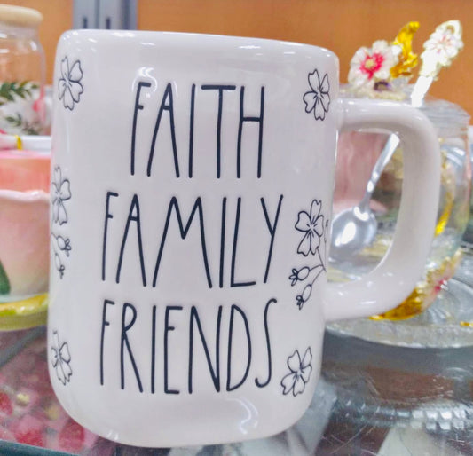 New Rae Dunn white ceramic coffee mug FAITH FAMILY FRIENDS