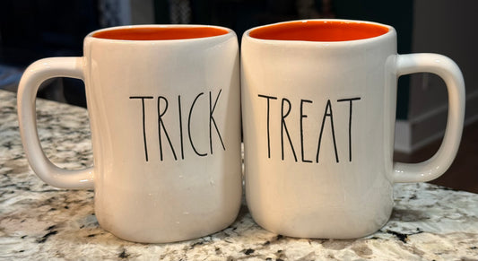 New Rae Dunn white ceramic coffee mug Halloween decor TRICK OR TREAT