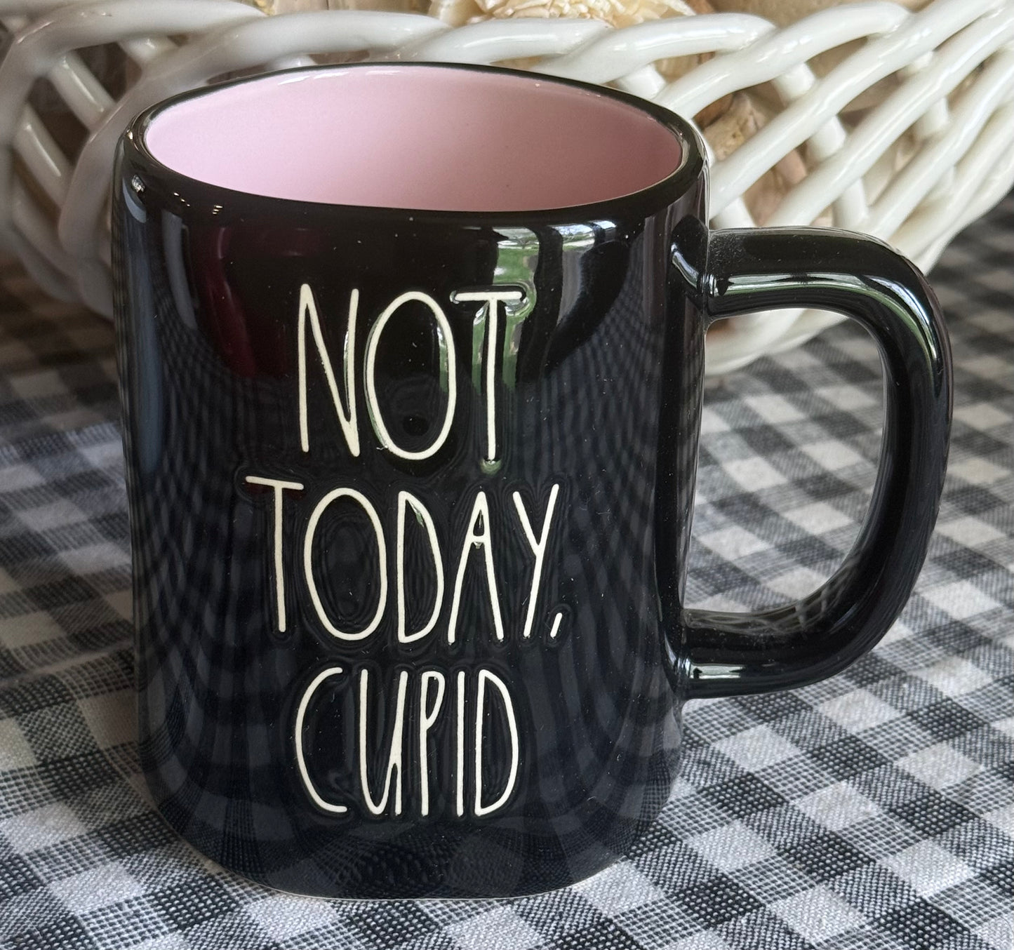 New Rae Dunn black iridescent ceramic coffee mug NOT TODAY, CUPID