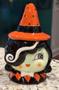New Joanna Parker ceramic Halloween lidded sugar dish witch lady