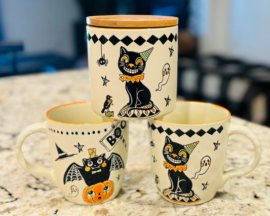 New Transpac 3-piece Halloween cat 2-piece mug set and cellar