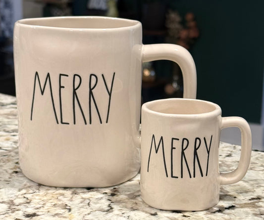 New Rae Dunn ceramic regular and espresso mug set MERRY
