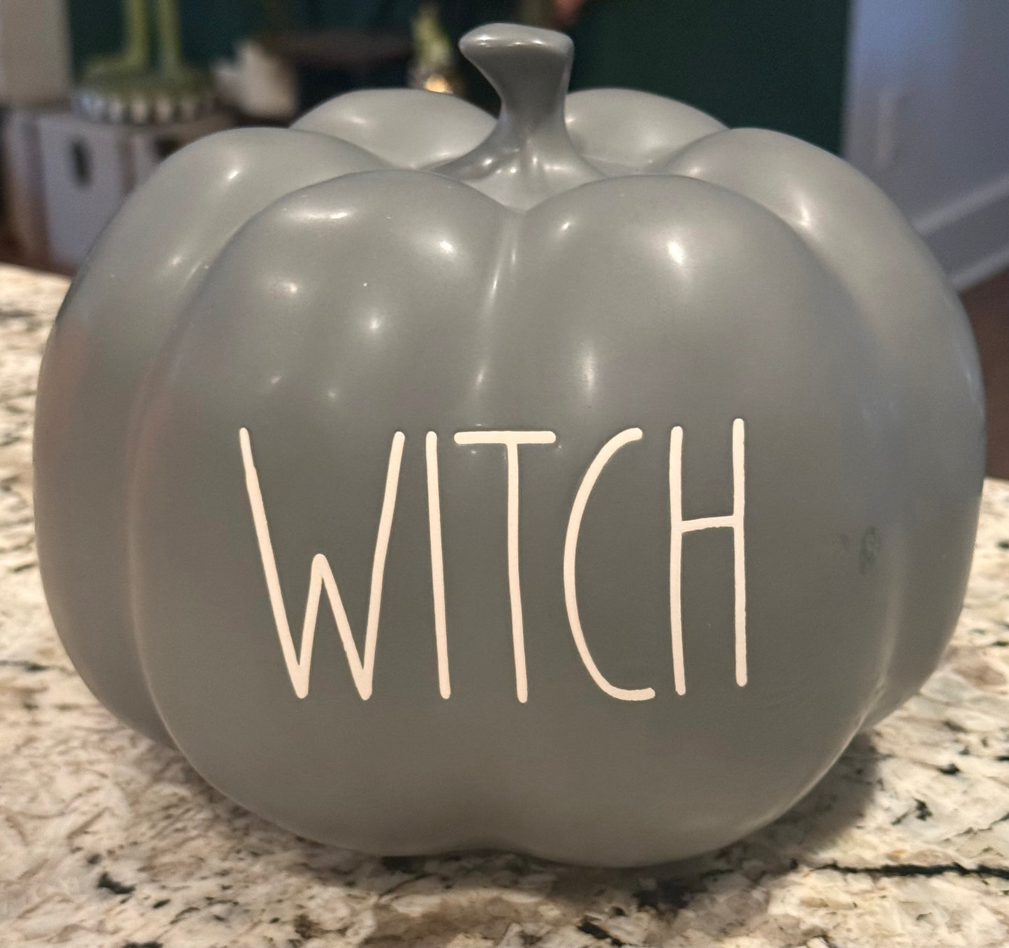 New Rae Dunn gray ceramic Halloween decor 8” pumpkin WITCH