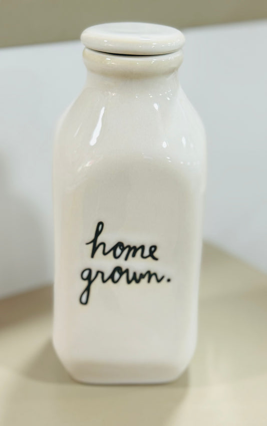 New Rae Dunn white ceramic mini 4.5” HOME GROWN milk jug script font