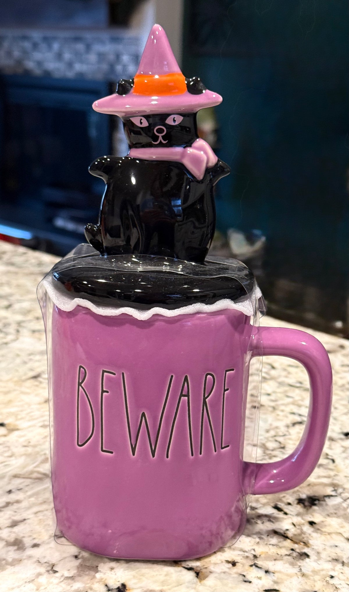 New Rae Dunn purple ceramic Halloween decor topped coffee mug BEWARE