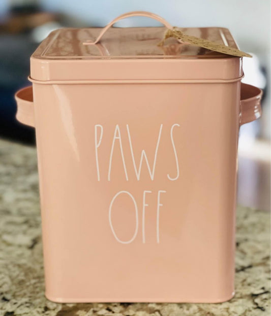 New Rae Dunn pink metal PAWS OFF storage container - size in second pic