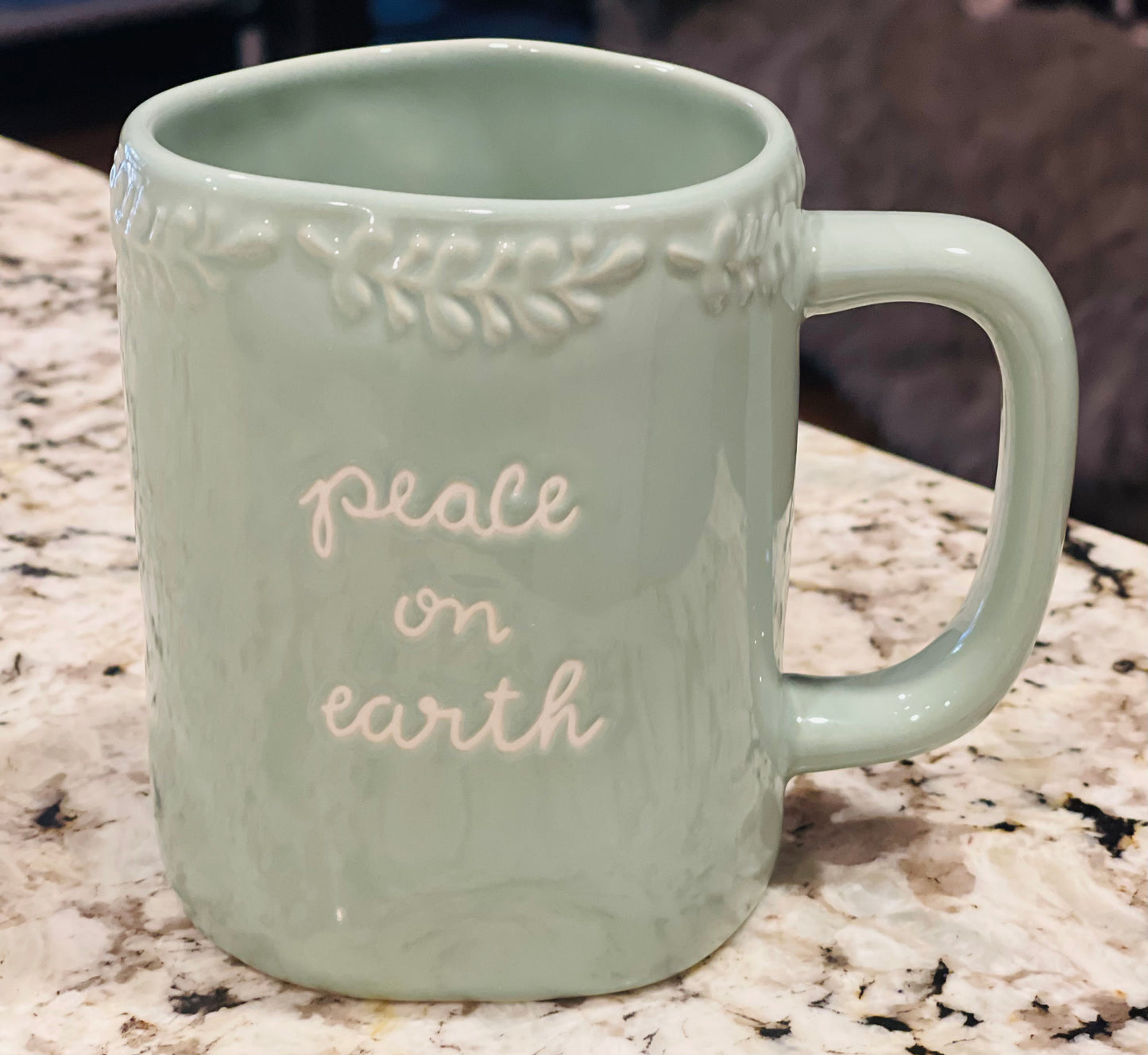 New Rae Dunn green ceramic Christmas coffee mug PEACE ON EARTH