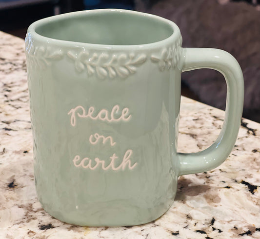 New Rae Dunn green ceramic Christmas coffee mug PEACE ON EARTH