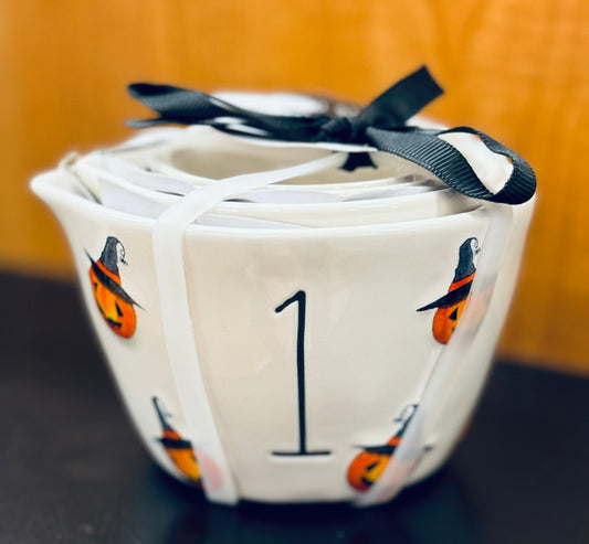 New release Rae Dunn white pumpkin face ceramic measuring cup set