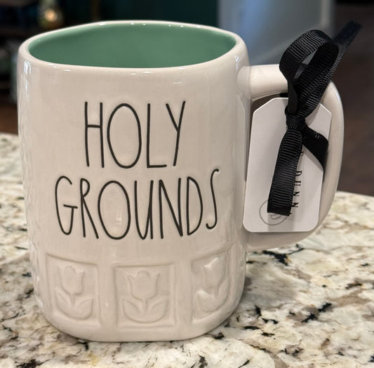 New Rae Dunn white floral ceramic coffee mug HOLY GROUNDS