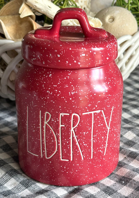New Rae Dunn Americana red speckled ceramic LIBERTY 6” caniste