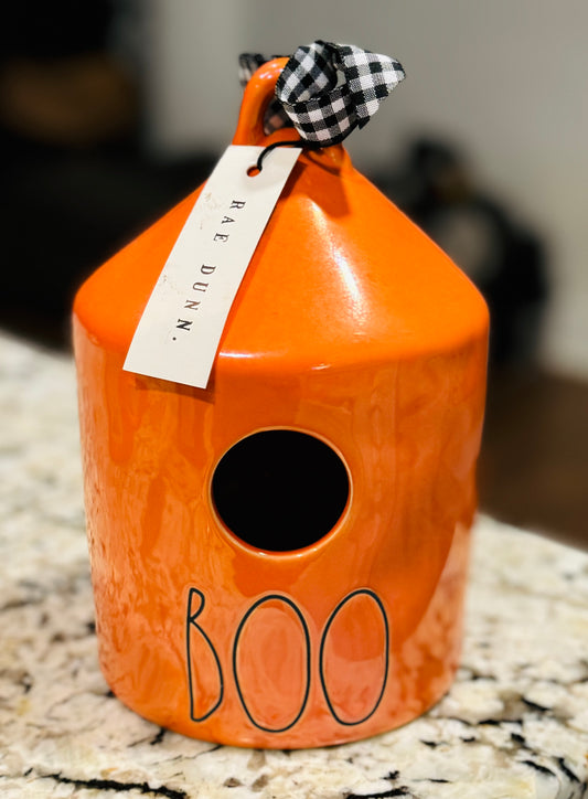 New Rae Dunn orange ceramic birdhouse Halloween decor BOO