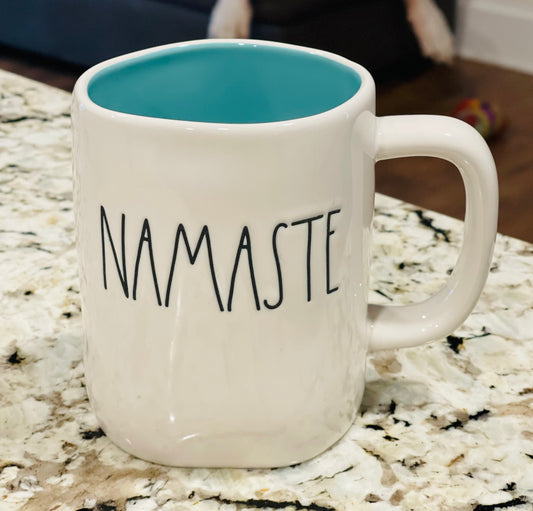 New Rae Dunn white ceramic coffee mug NAMASTE