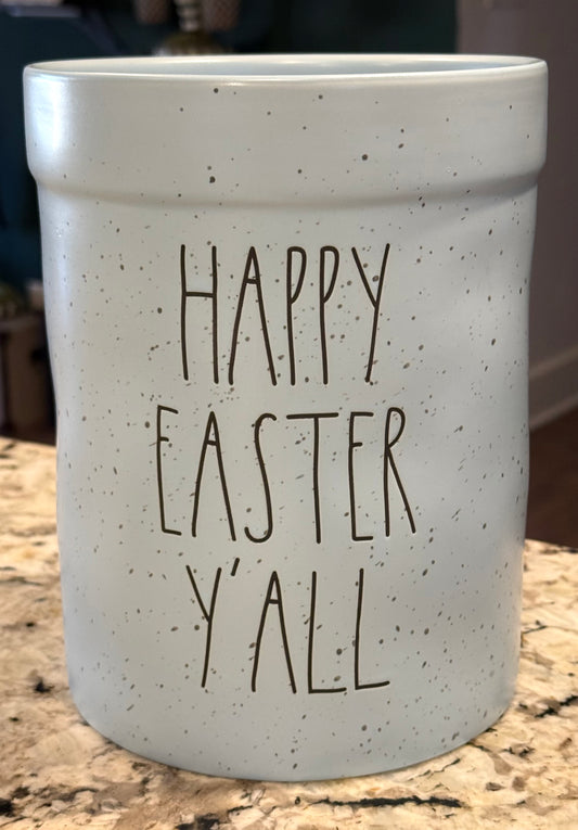 New Rae Dunn blue speckled ceramic 8” HAPPY EASTER Y’ALL utensil holder