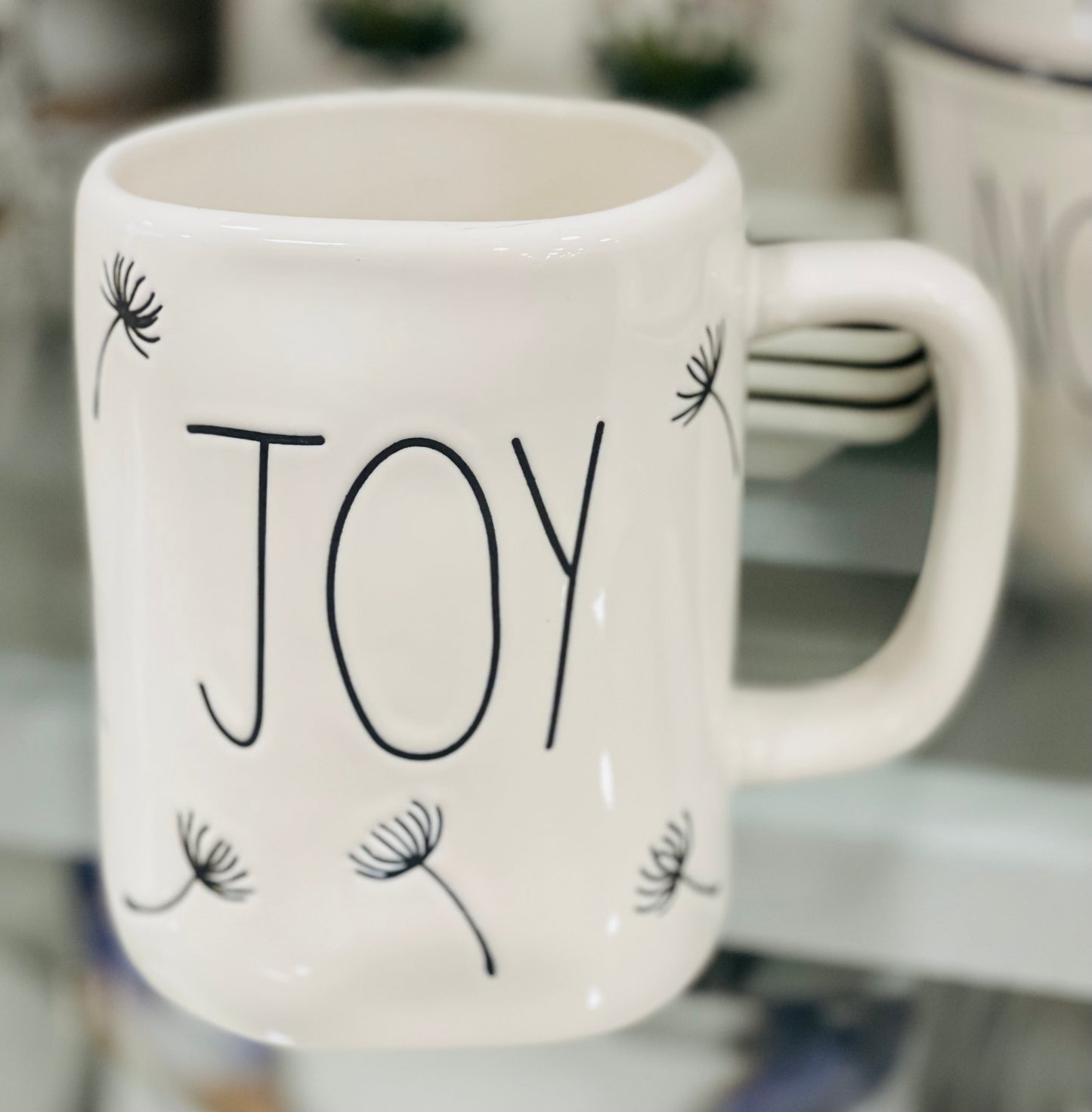 New Rae Dunn white ceramic coffee mug JOY flower print