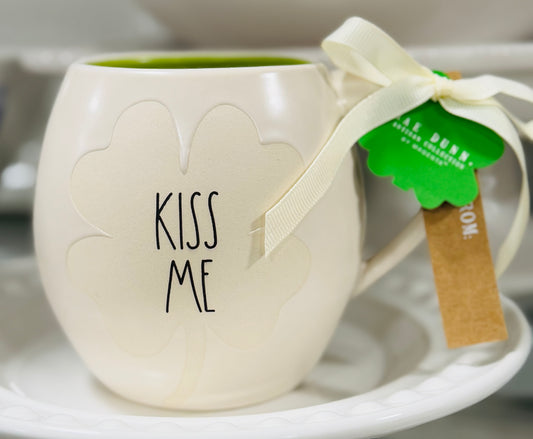 New Rae Dunn white ceramic shamrock coffee mug KISS ME