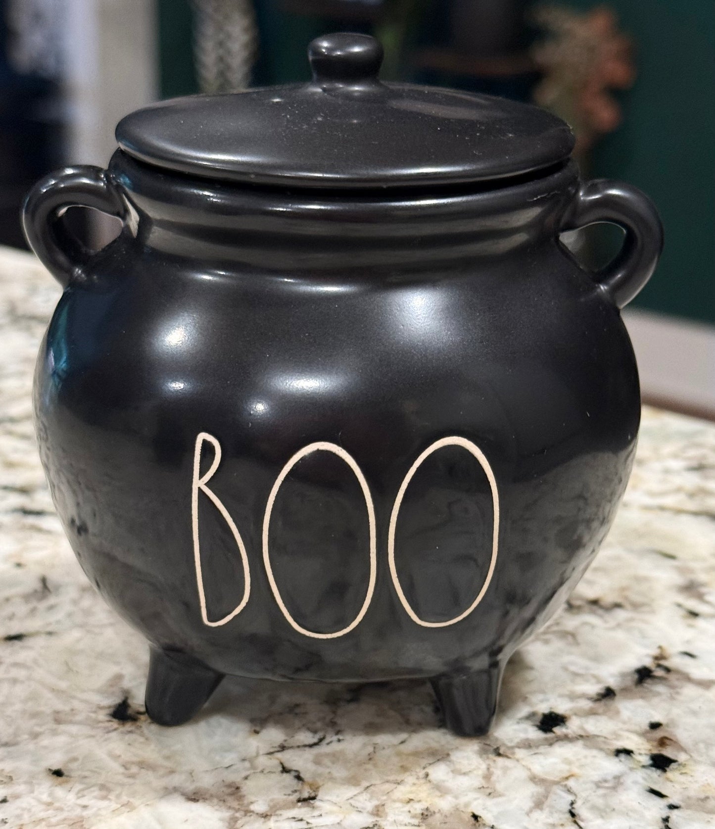 New Rae Dunn black  ceramic Halloween candle caldron BOO