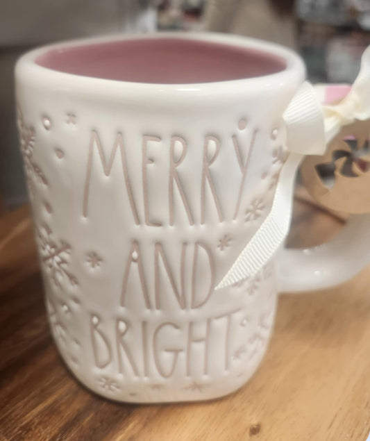 New Rae Dunn white and pink snowflake Christmas mug MERRY AND BRIGHT