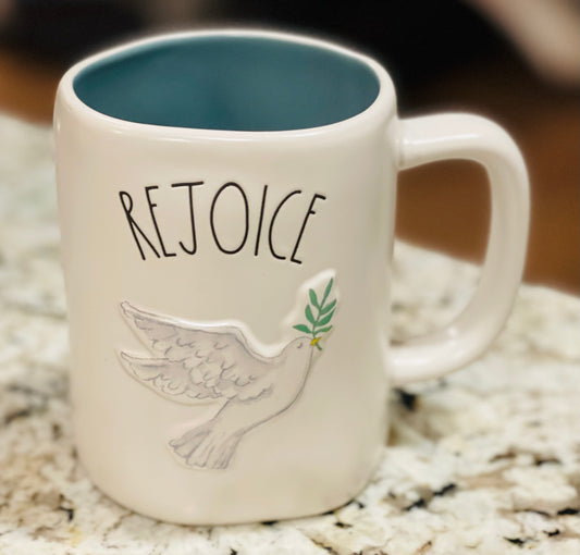 New Rae Dunn white ceramic Christmas coffee mug REJOICE