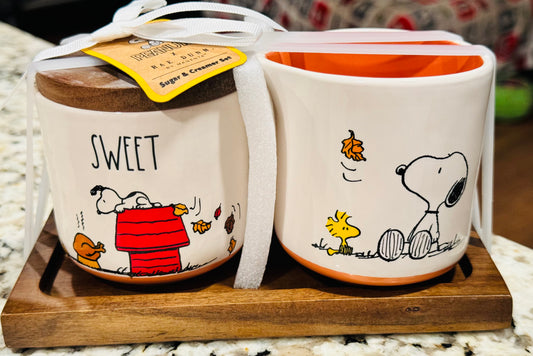 New Rae Dunn x Peanuts Snoopy cream & sugar Fall baking set