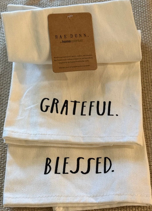 New Rae Dunn 2-piece  kitchen dish towel set GRATEFUL & BLESSED.