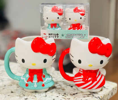 New Hello Kitty 3-piece ceramic Christmas decor set 2 mugs & salt/pepper shaker set