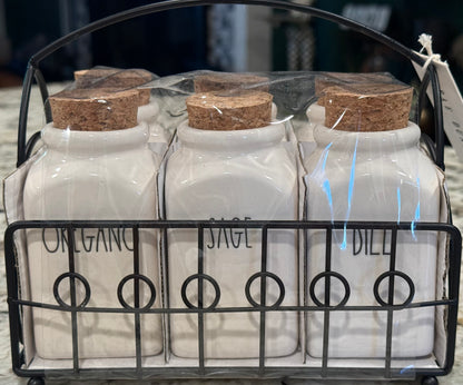 New Rae Dunn white ceramic 6-piece storage spice jar set with metal basket