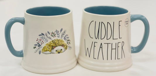 New Rae Dunn white ceramic coffee mug CUDDLE WEATHER hedgehog back print