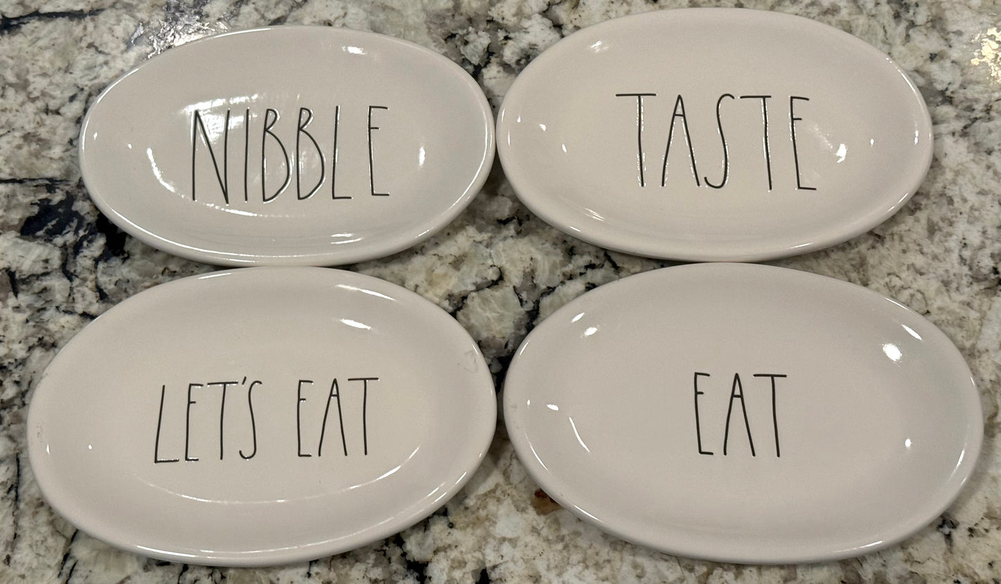 New Rae Dunn 4-piece ceramic oval plate set LETS EAT NIBBLE TASTE