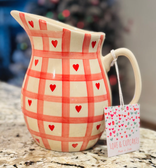 New Love and Cupcakes ceramic heart plaid print teapot 9”