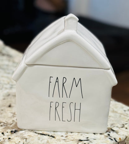 New Rae Dunn white ceramic FARM FRESH cookie jar barn