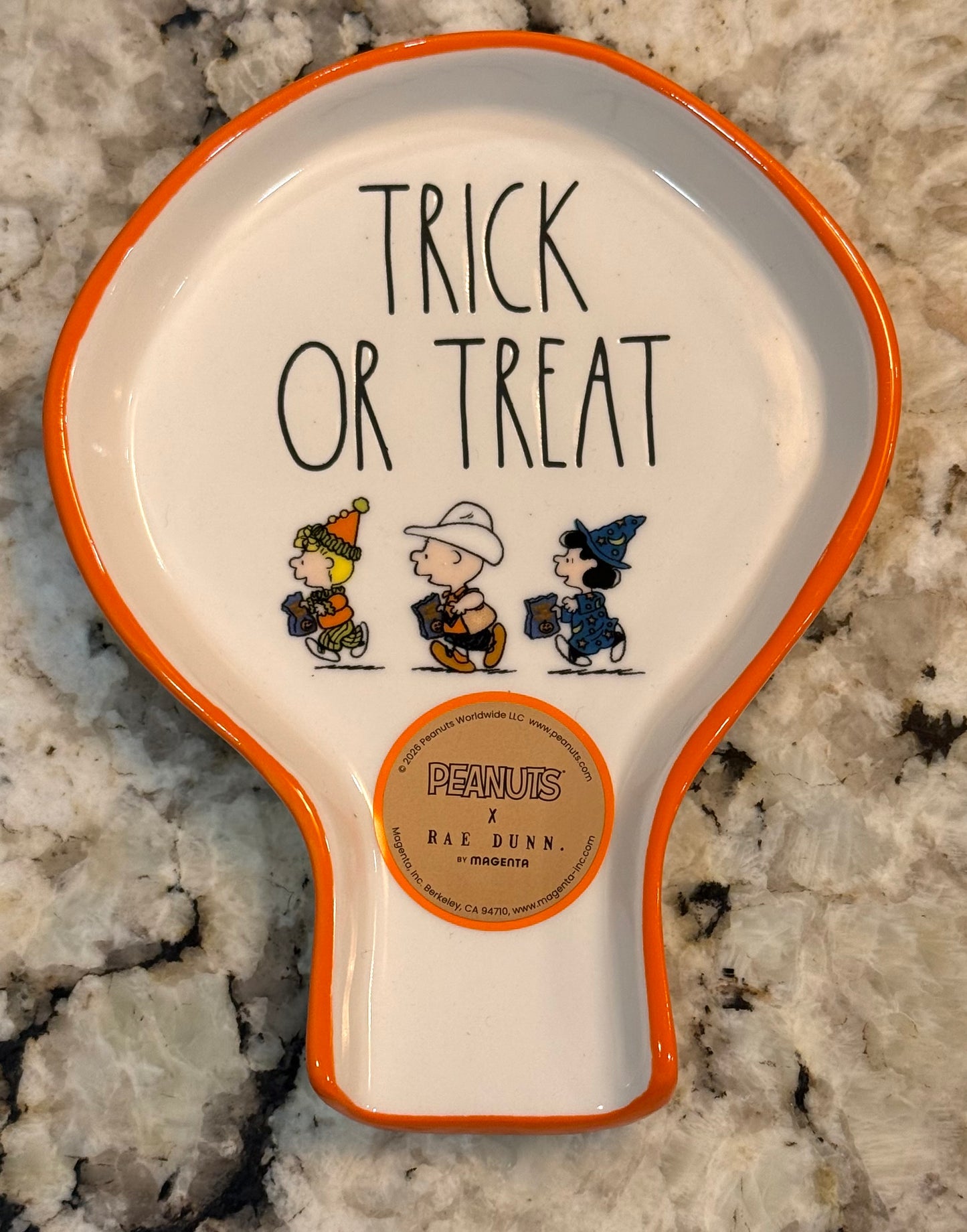 New Rae Dunn x Peanuts ceramic Halloween spoon rest TRICK OR TREAT