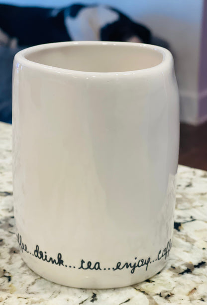 New Rae Dunn white ceramic coffee mug bottom ring script