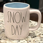 New Rae Dunn white ceramic Christmas decor coffee mug SNOW DAY - blue interior snowman on back