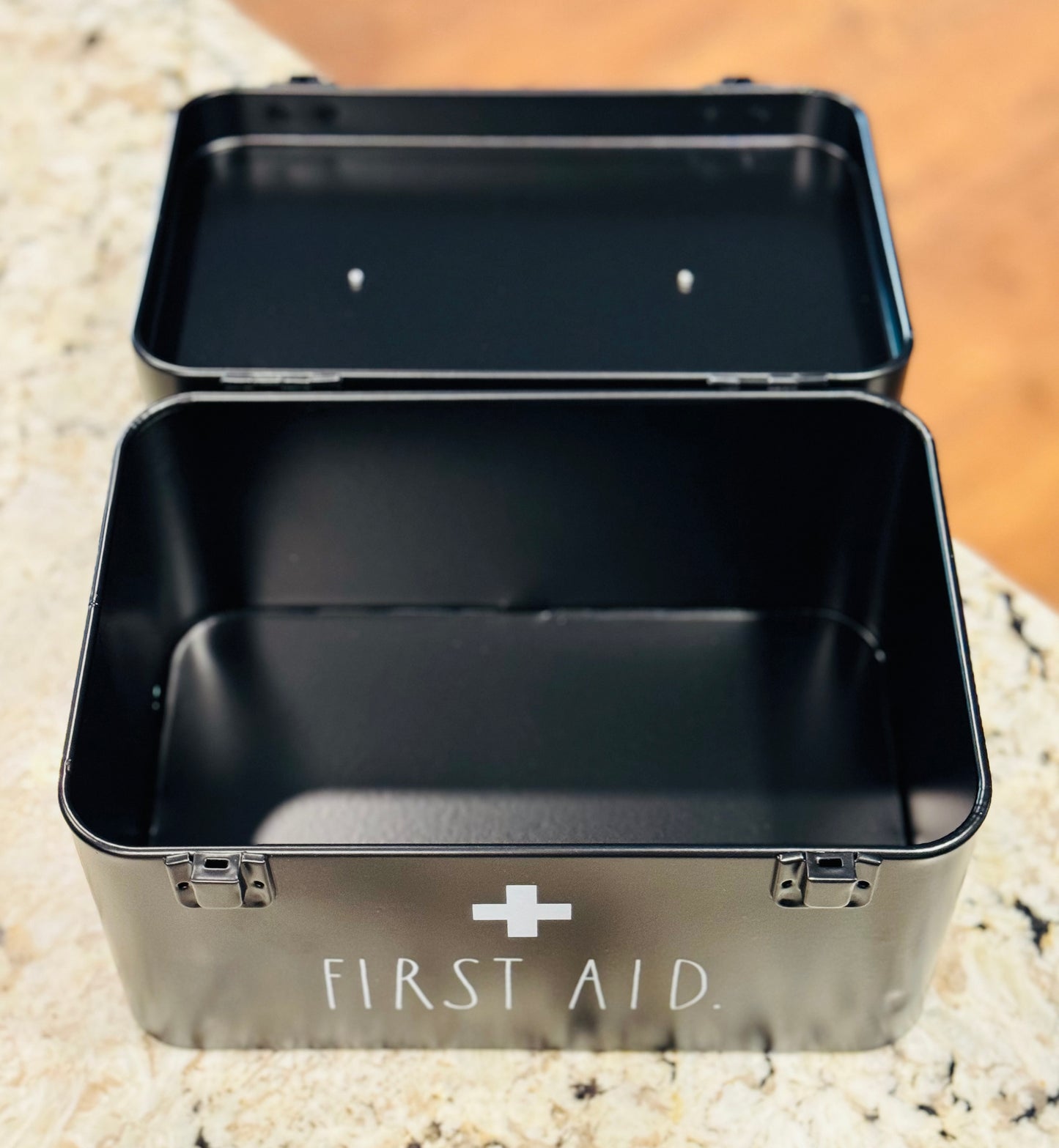 New Rae Dunn black metal FIRST AIDE storage box, hinged close