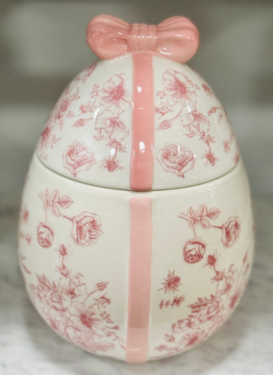 New ceramic pink and white coquette faberge’ egg Easter cookie jar decor 10.5x7