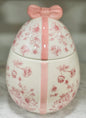 New ceramic pink and white coquette faberge’ egg Easter cookie jar decor 10.5x7