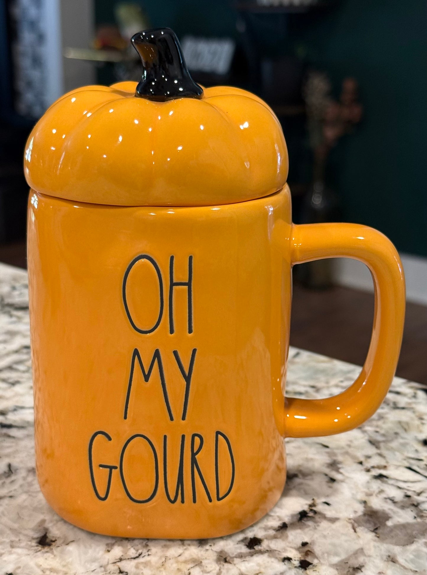 New Rae Dunn mustard ceramic pumpkin topped coffee mug OH MY GOURD